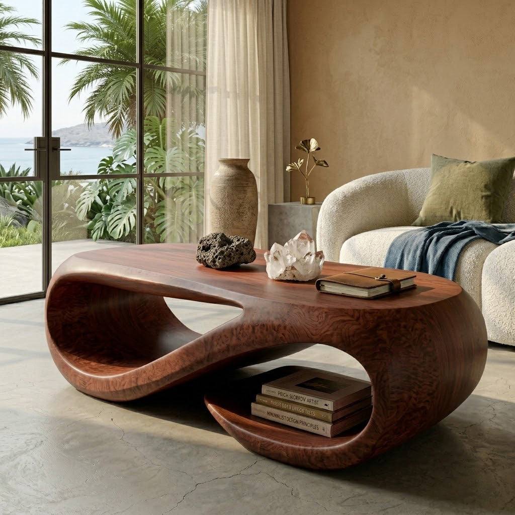 Sculptural Hollow Base Solid Wood Coffee Table