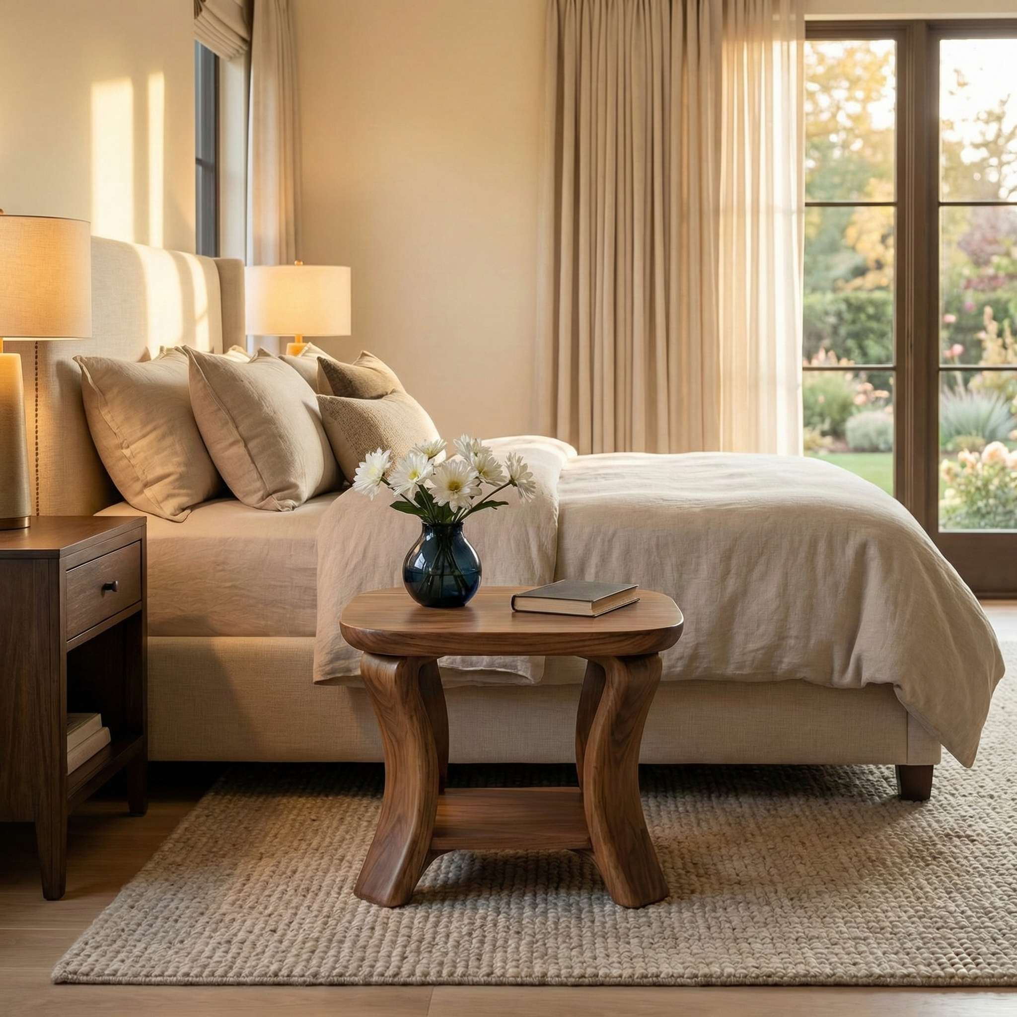 Handcrafted Solid Wood Side Table With Curved Legs And Lower Shelf