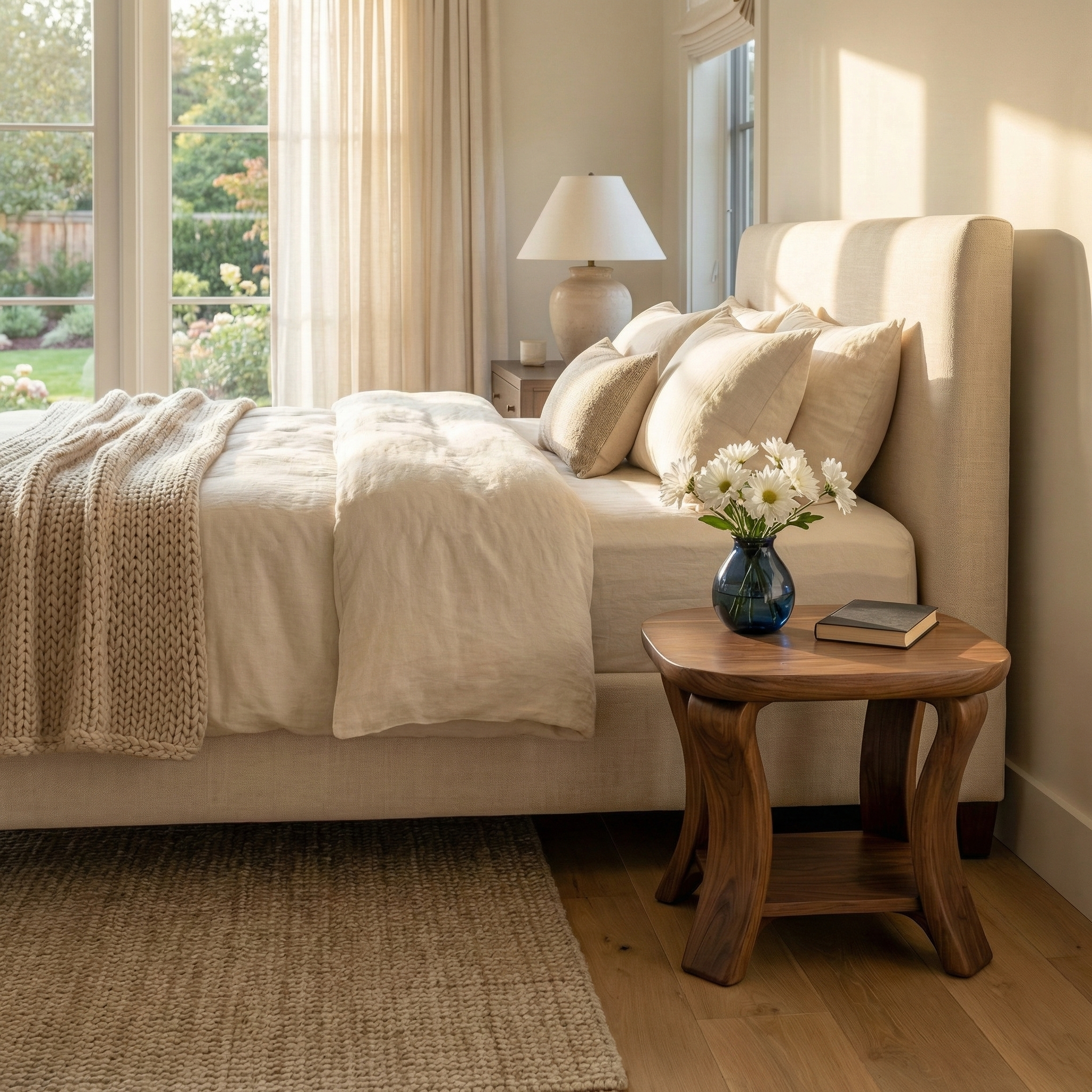 Handcrafted Solid Wood Side Table With Curved Legs And Lower Shelf