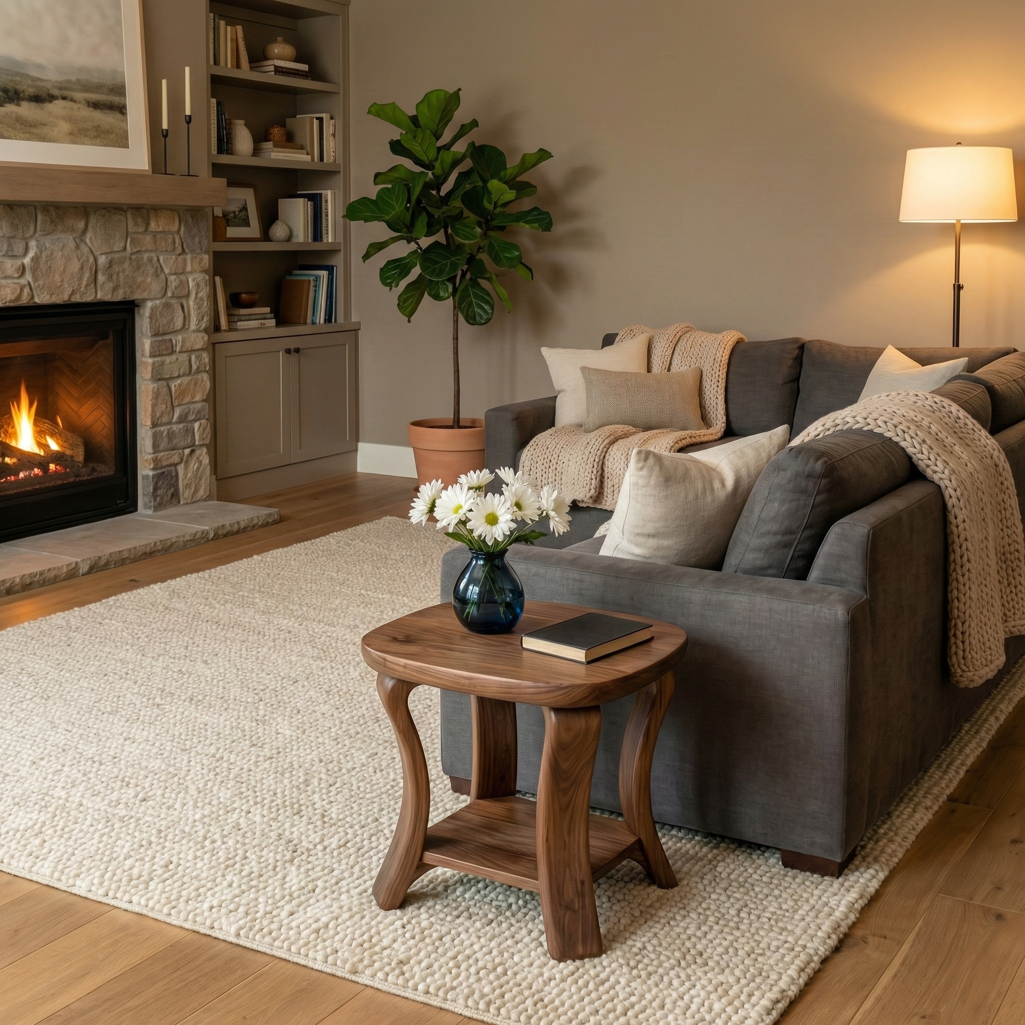 Handcrafted Solid Wood Side Table With Curved Legs And Lower Shelf