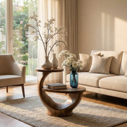 Handcrafted Solid Wood End Table With Sculpted Curved Base