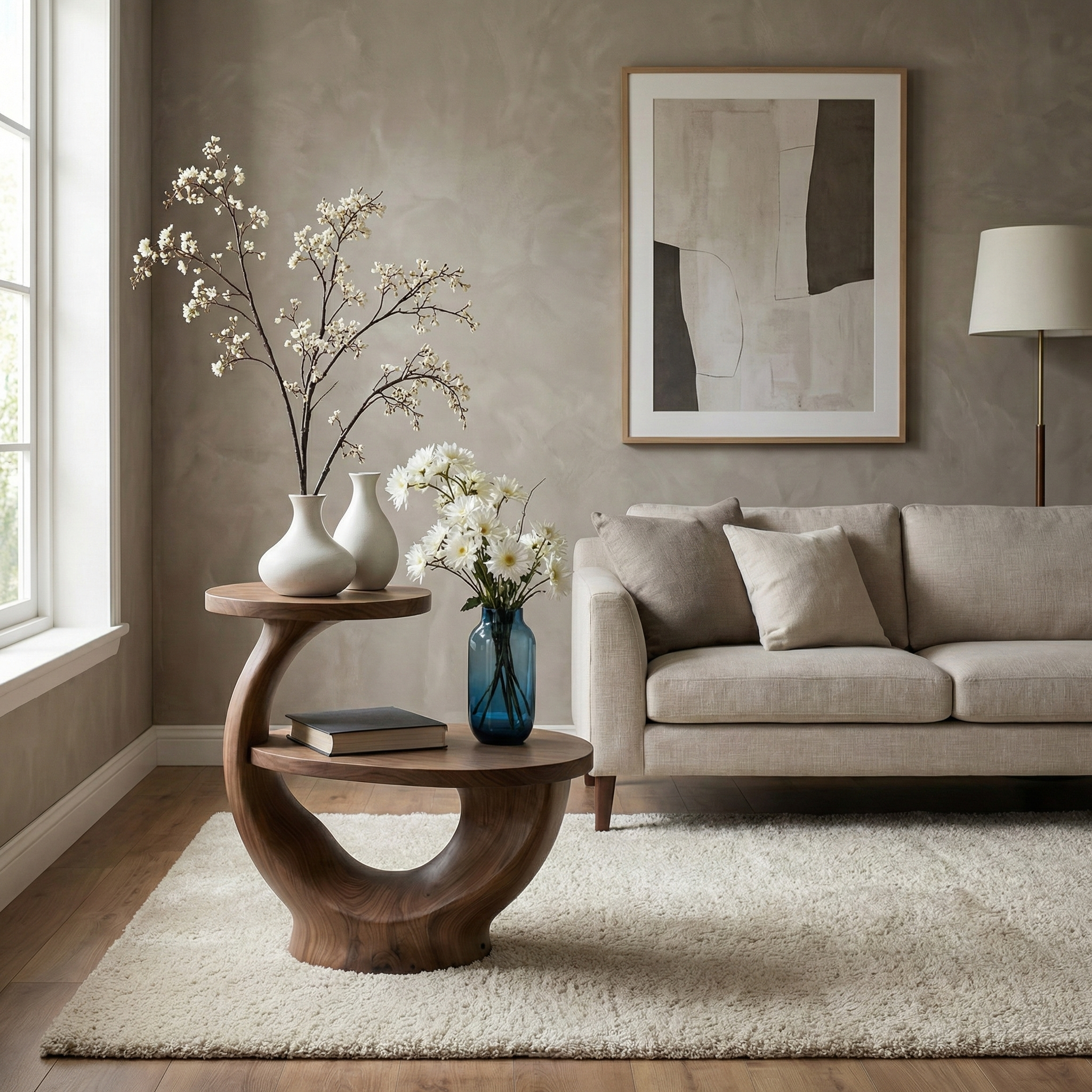 Handcrafted Solid Wood End Table With Sculpted Curved Base