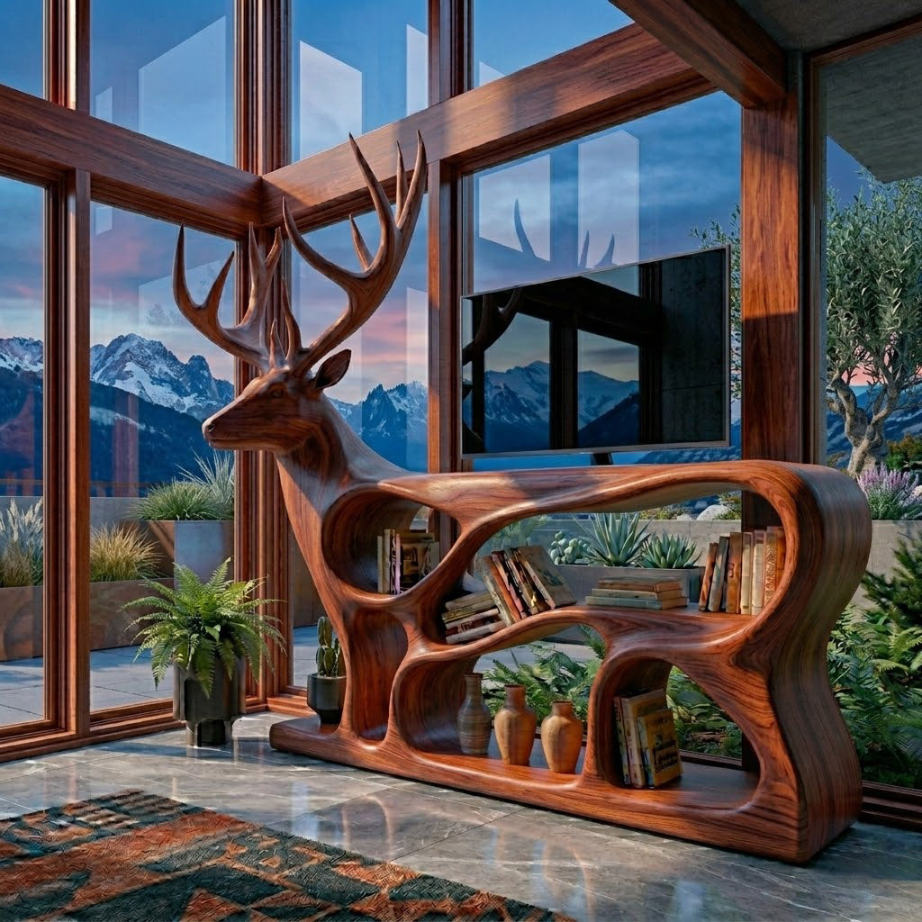Cervine Silhouette Solid Wood Sculptural Bookcase