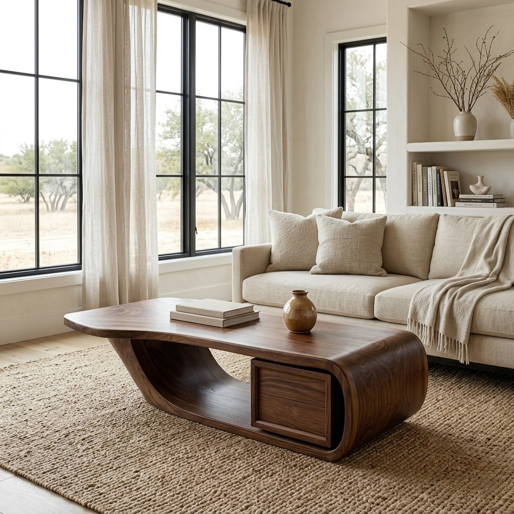 Sculptural Open-Loop Solid Wood Coffee Table