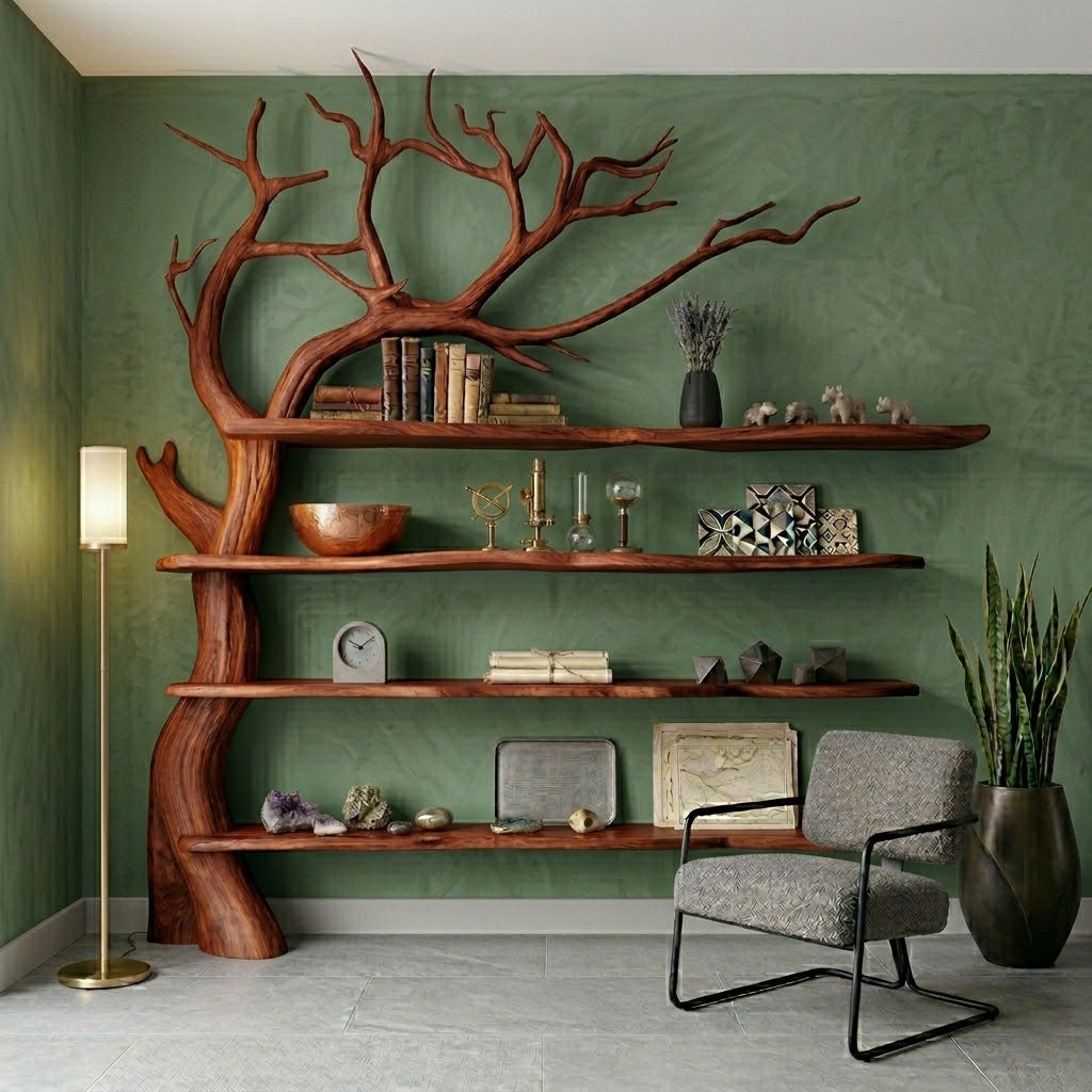 Sylvander Tree-Inspired Asymmetrical Solid Wood Wall Bookshelf