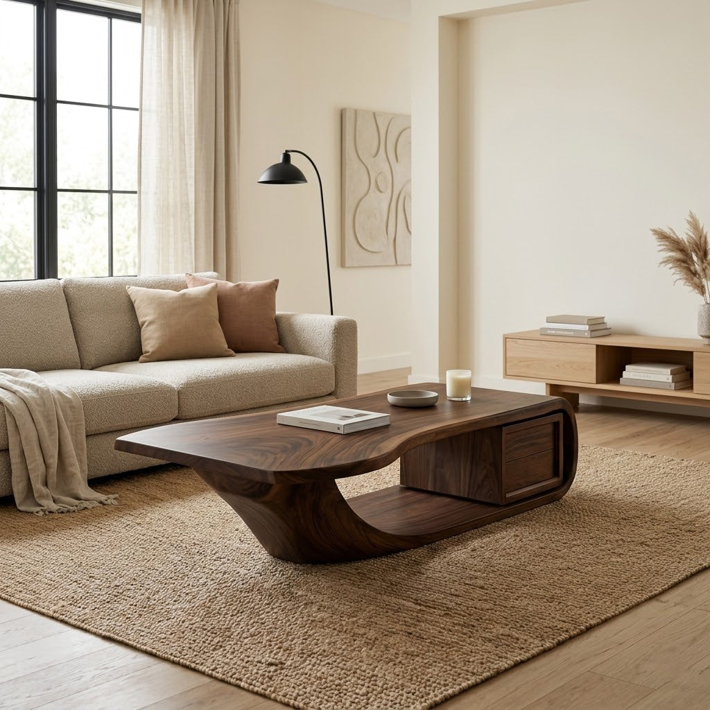 Sculptural Open-Loop Solid Wood Coffee Table