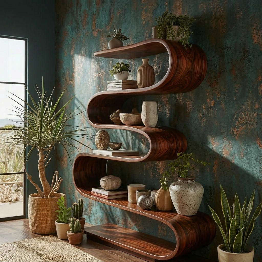 Sculptural Winding Solid Wood Open Display Shelf