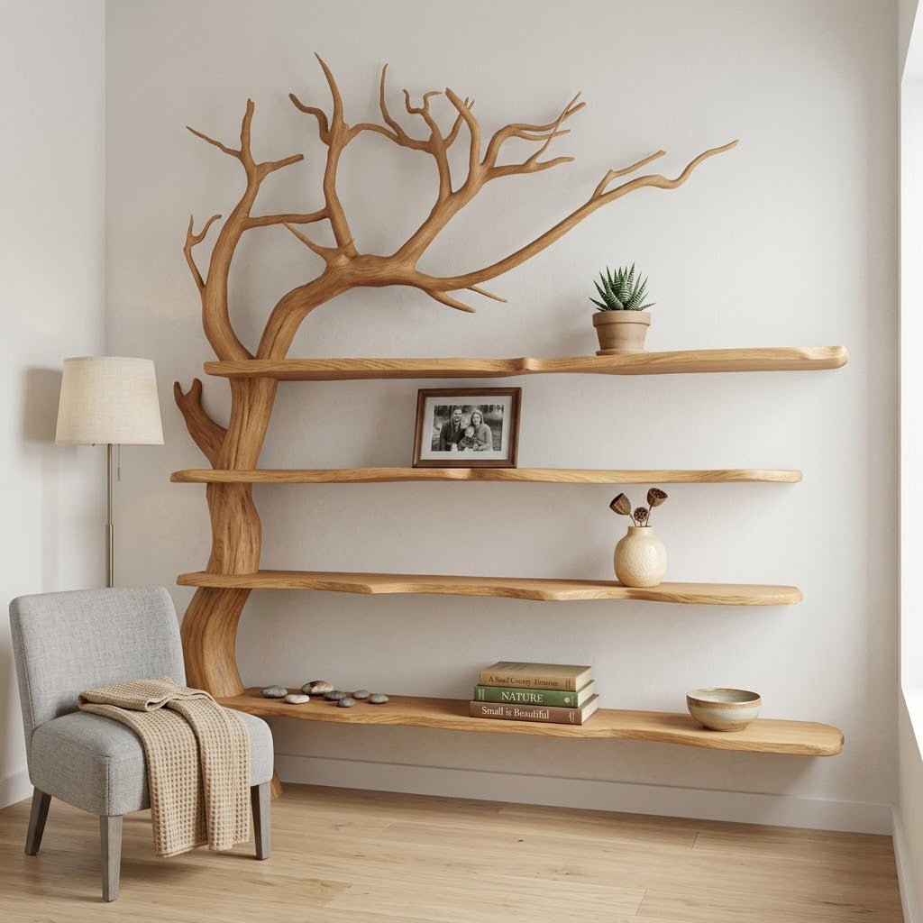 Sylvander Tree-Inspired Asymmetrical Solid Wood Wall Bookshelf