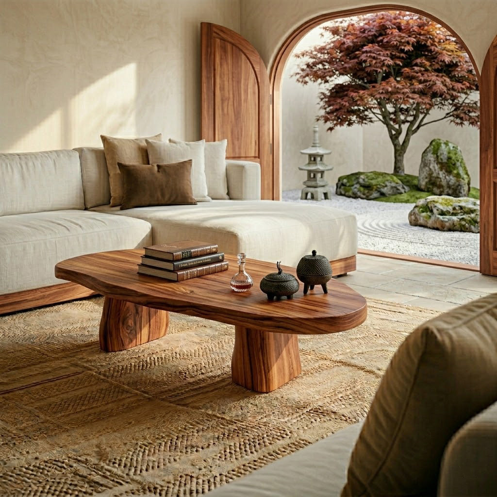 Sculptural Live Edge Slab Solid Wood Coffee Table
