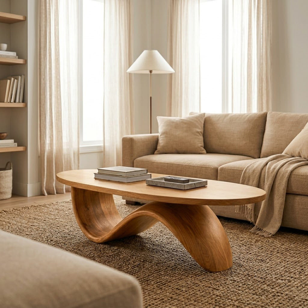 Sculptural Ribbon Base Solid Wood Coffee Table
