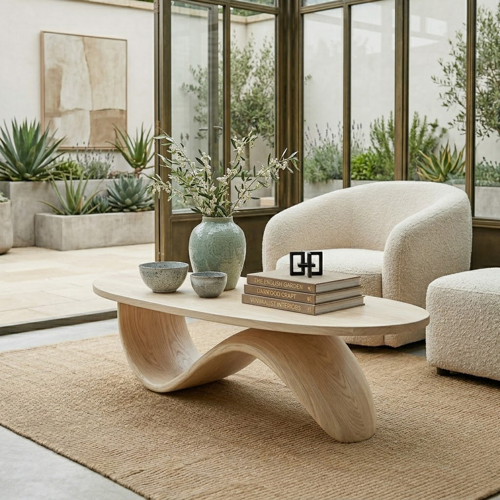 Sculptural Ribbon Base Solid Wood Coffee Table