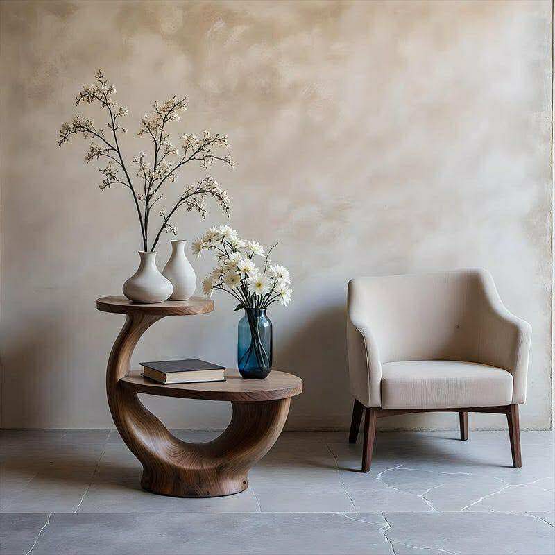 Handcrafted Solid Wood End Table With Sculpted Curved Base