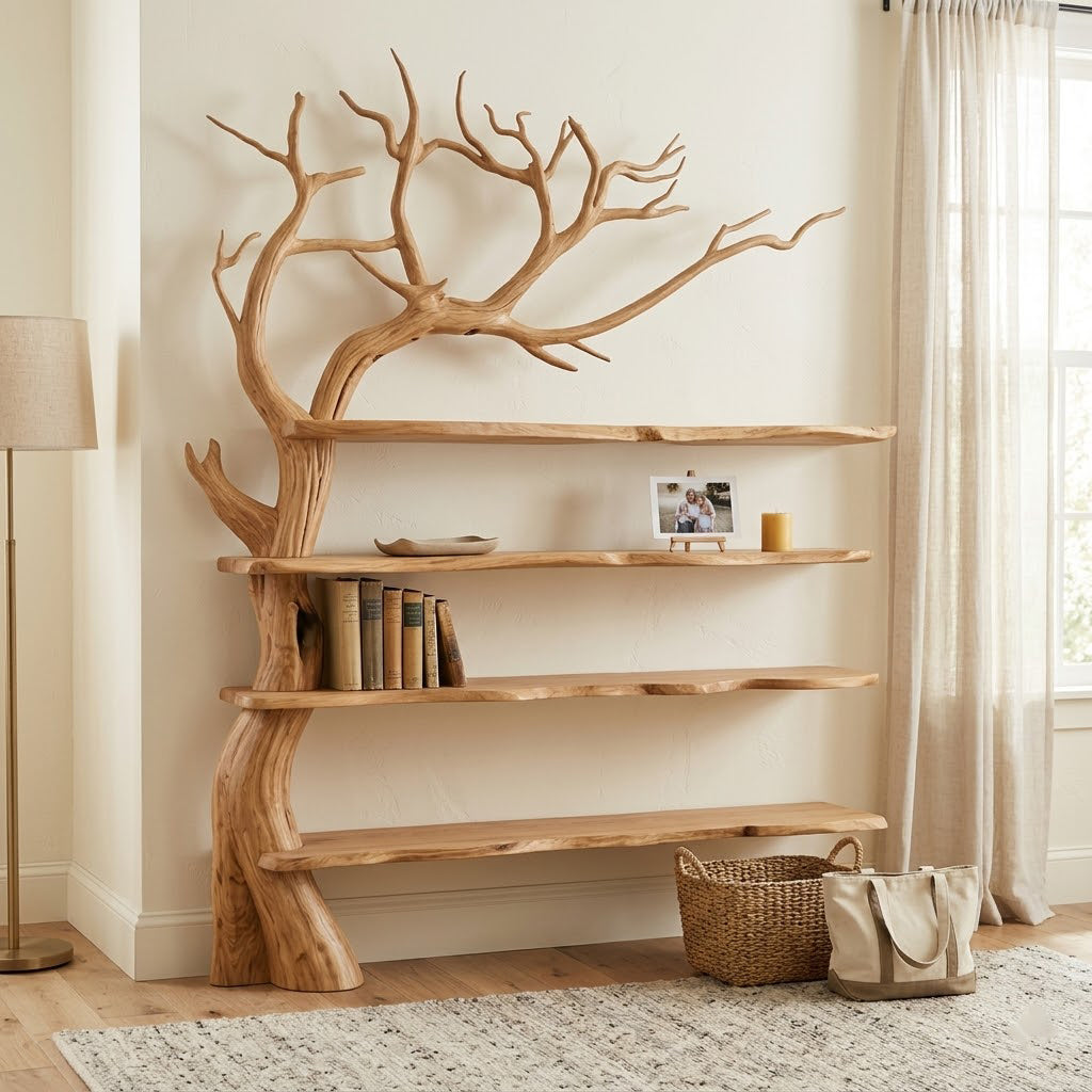 Sylvander Tree-Inspired Asymmetrical Solid Wood Wall Bookshelf