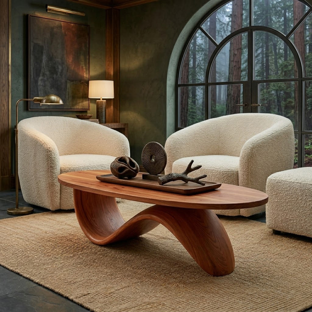 Sculptural Ribbon Base Solid Wood Coffee Table