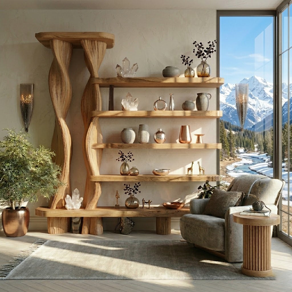 Vaelis Twisted Pillar Solid Wood Asymmetrical Bookcase