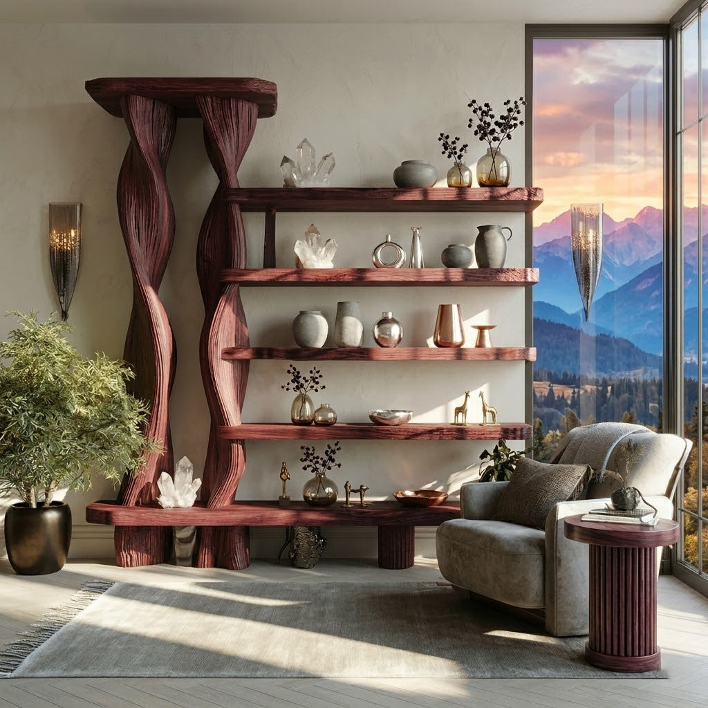 Vaelis Twisted Pillar Solid Wood Asymmetrical Bookcase