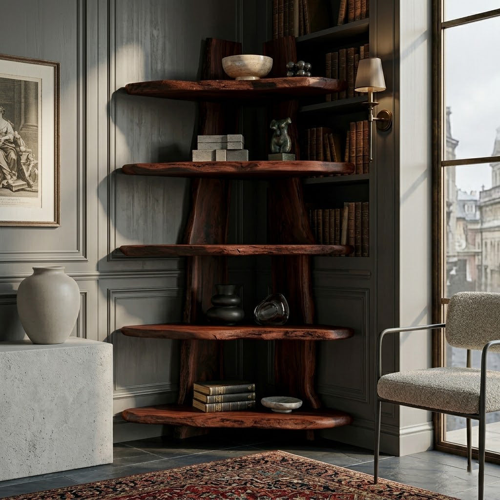 Sculptural Live-Edge Solid Wood Corner Bookcase
