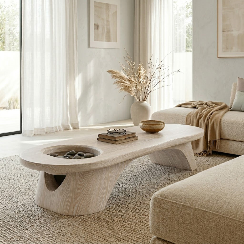 Tharon Sculptural Sunken-Basin Solid Wood Coffee Table