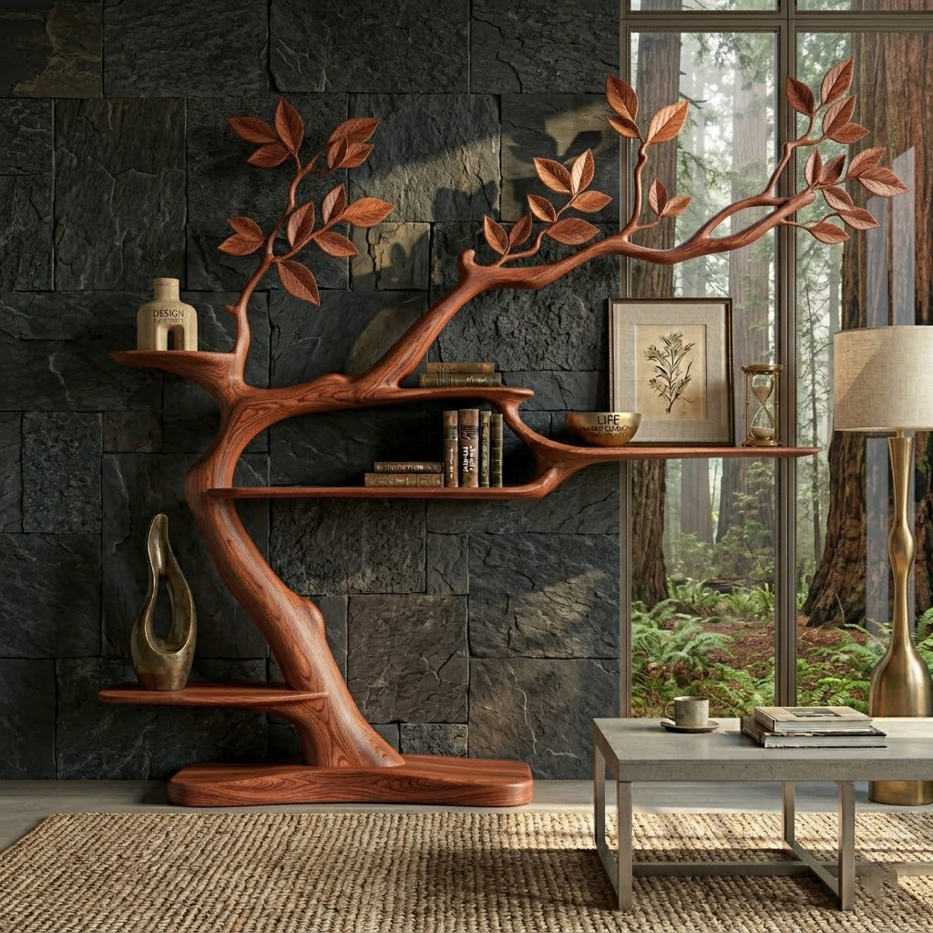 Sylvian Branching Organic Form Solid Wood Sculptural Bookcase