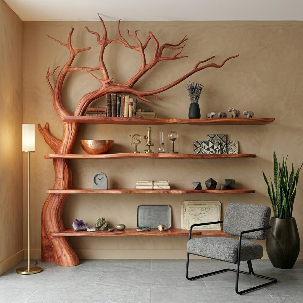 Sylvander Tree-Inspired Asymmetrical Solid Wood Wall Bookshelf