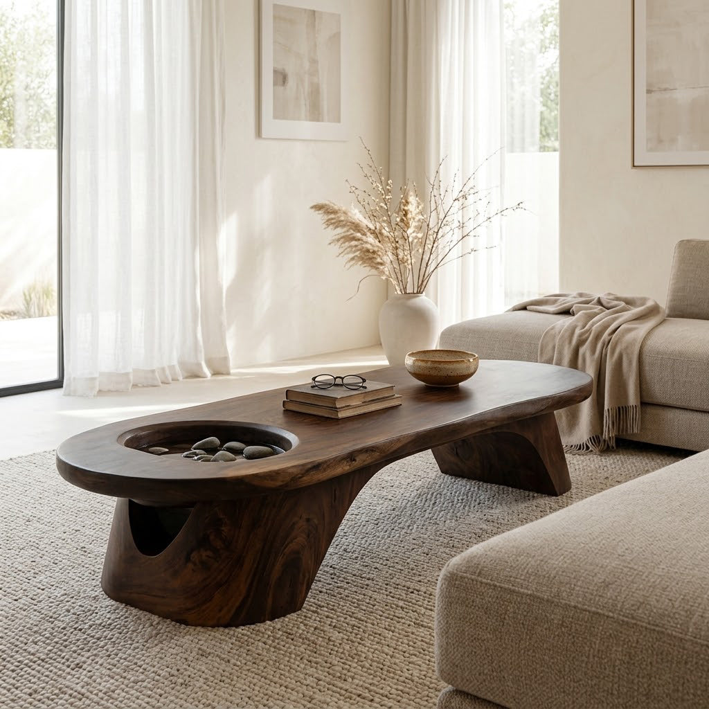 Tharon Sculptural Sunken-Basin Solid Wood Coffee Table