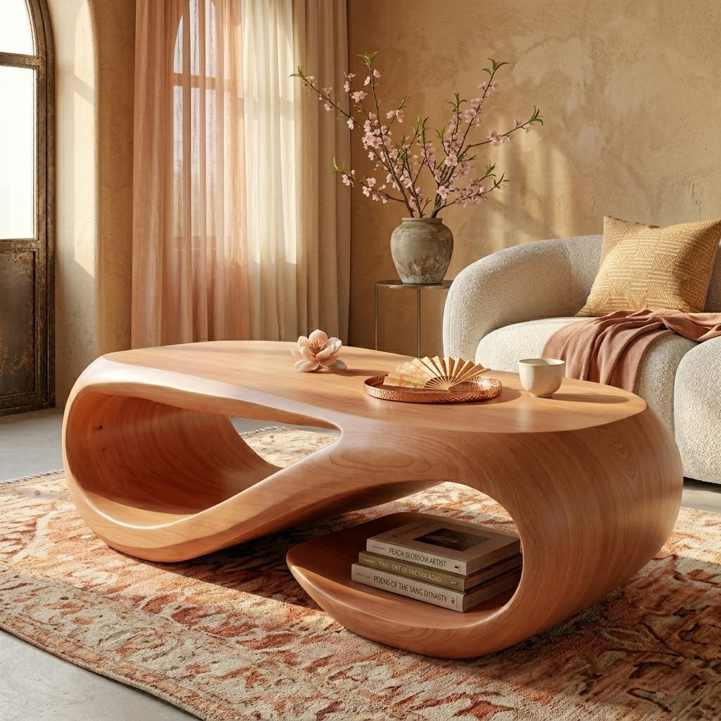 Sculptural Hollow Base Solid Wood Coffee Table