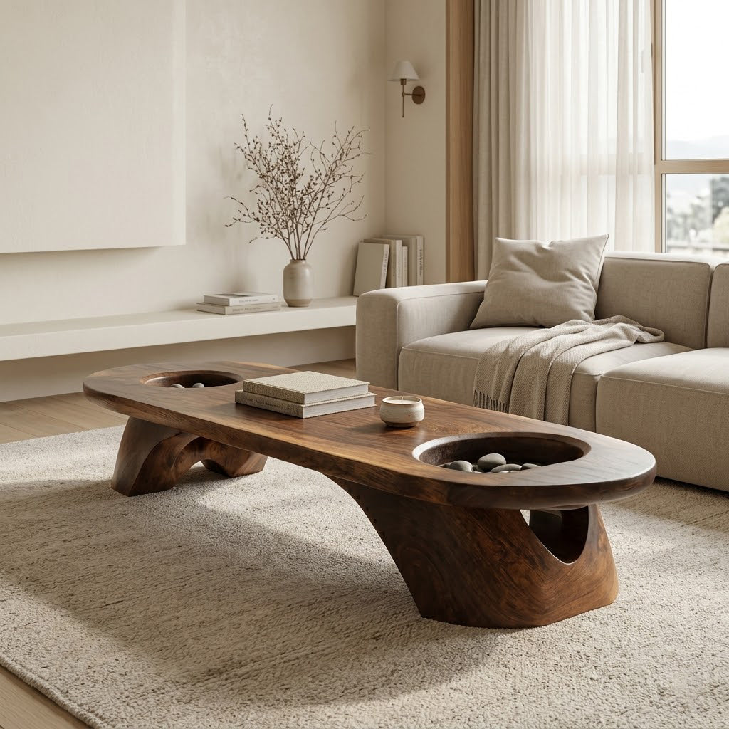 Tharon Sculptural Sunken-Basin Solid Wood Coffee Table