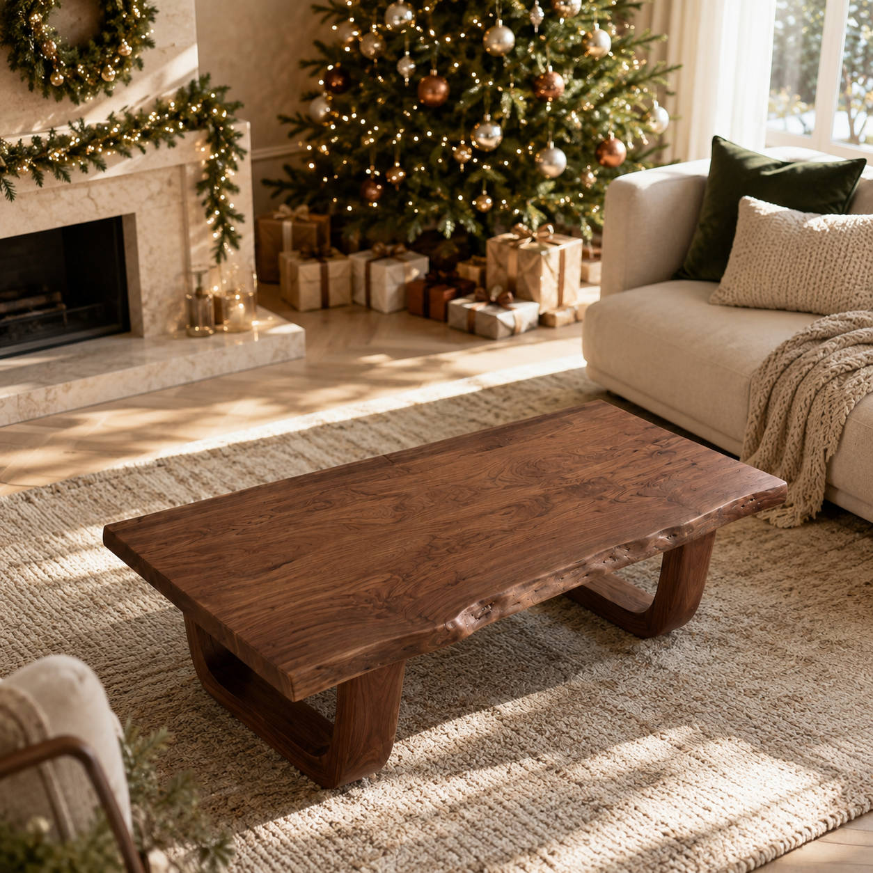 Arvion Scoop Base Live Edge Solid Wood Coffee Table For Living Room