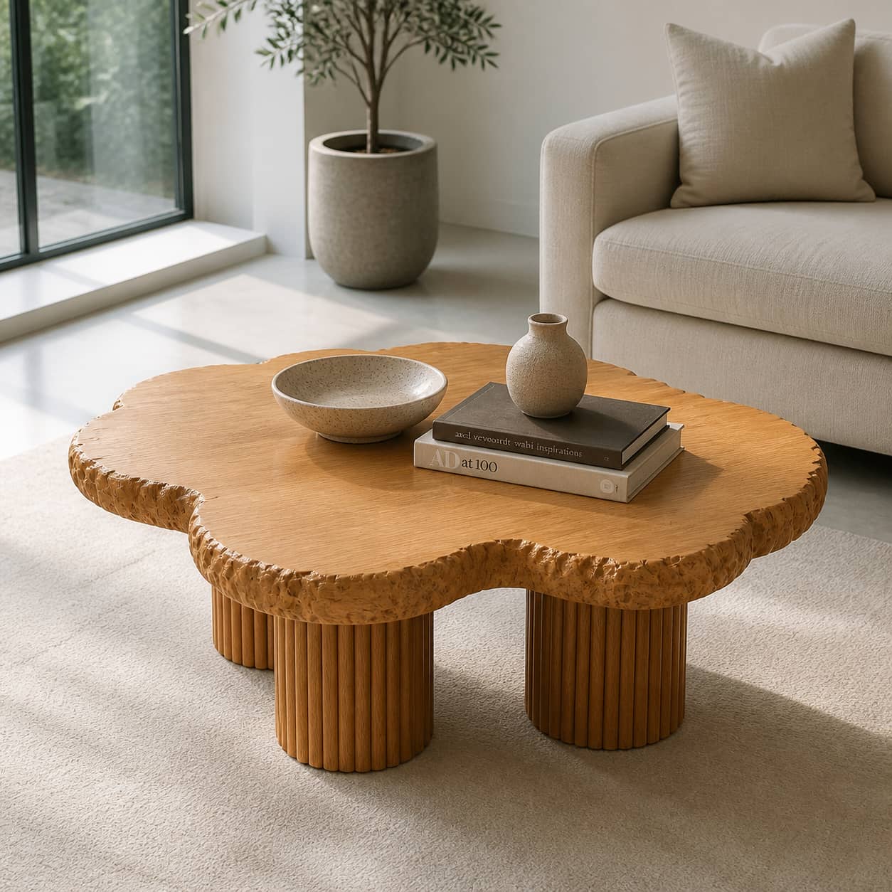 Aven Fluted Solid Wood Coffee Table For Living Room
