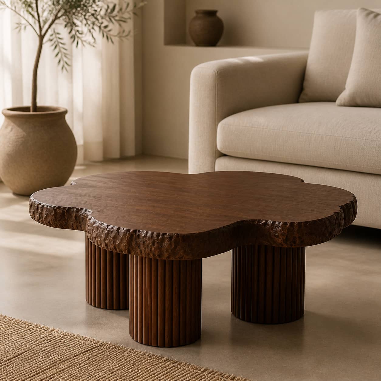 Aven Fluted Solid Wood Coffee Table For Living Room