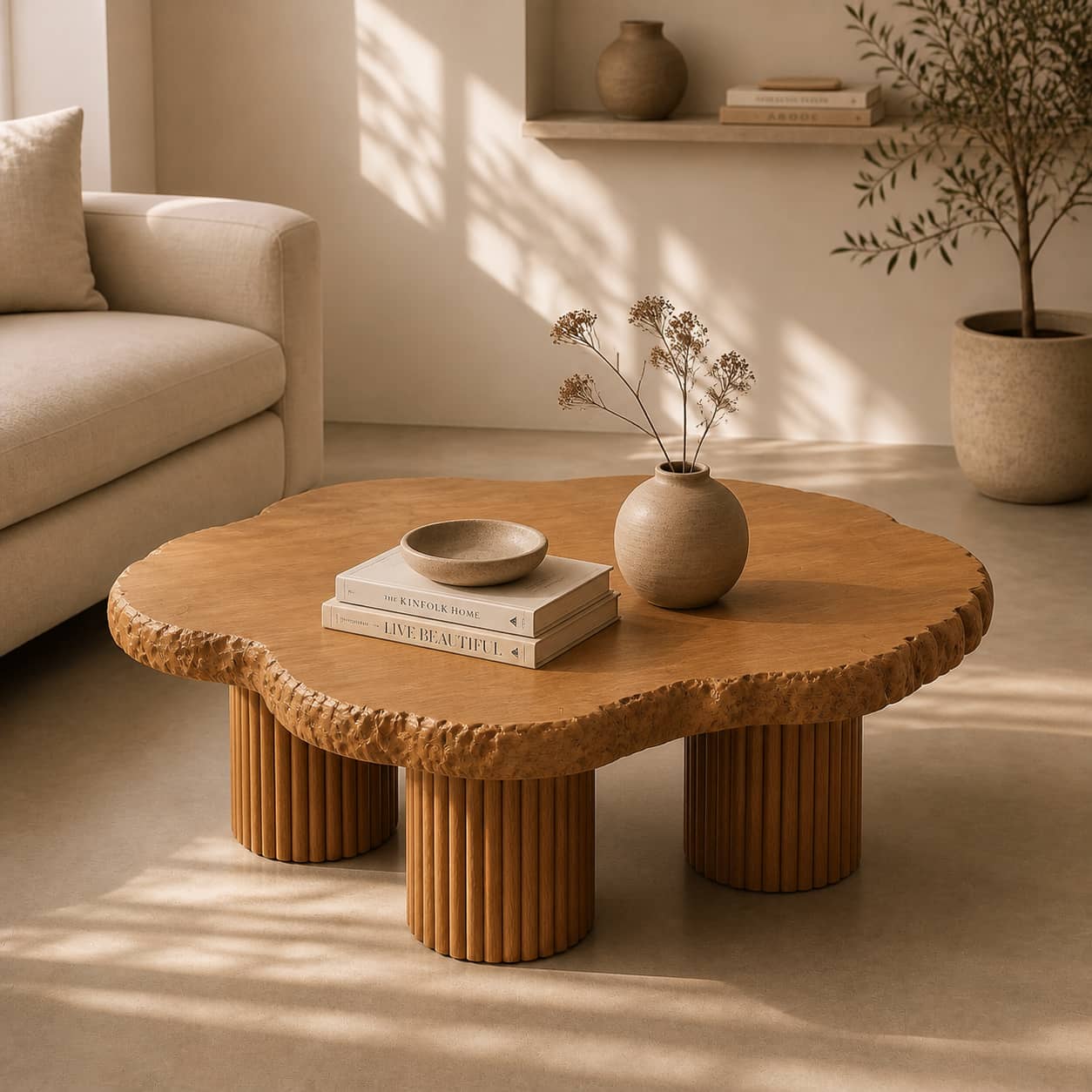 Aven Fluted Solid Wood Coffee Table For Living Room
