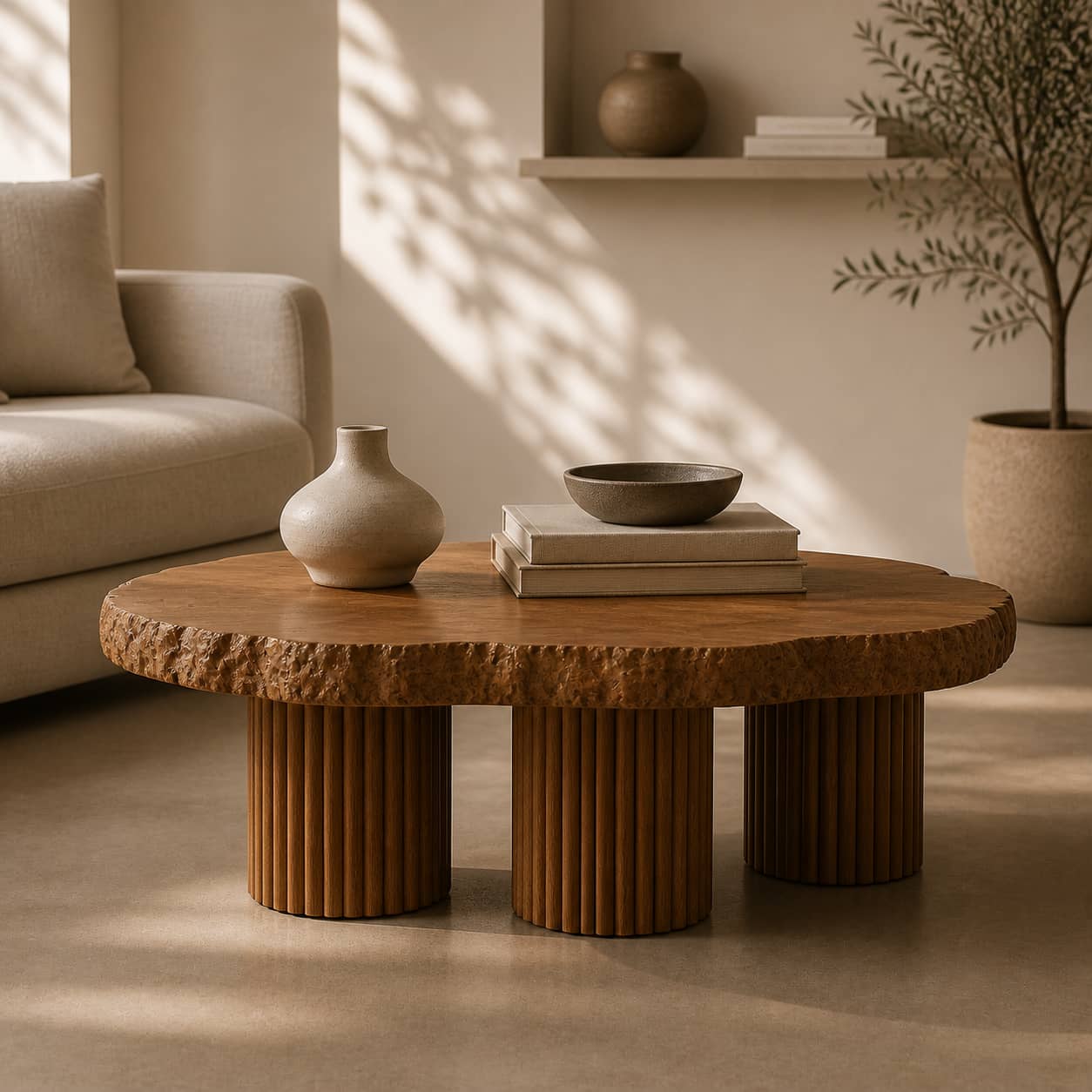 Aven Fluted Solid Wood Coffee Table For Living Room