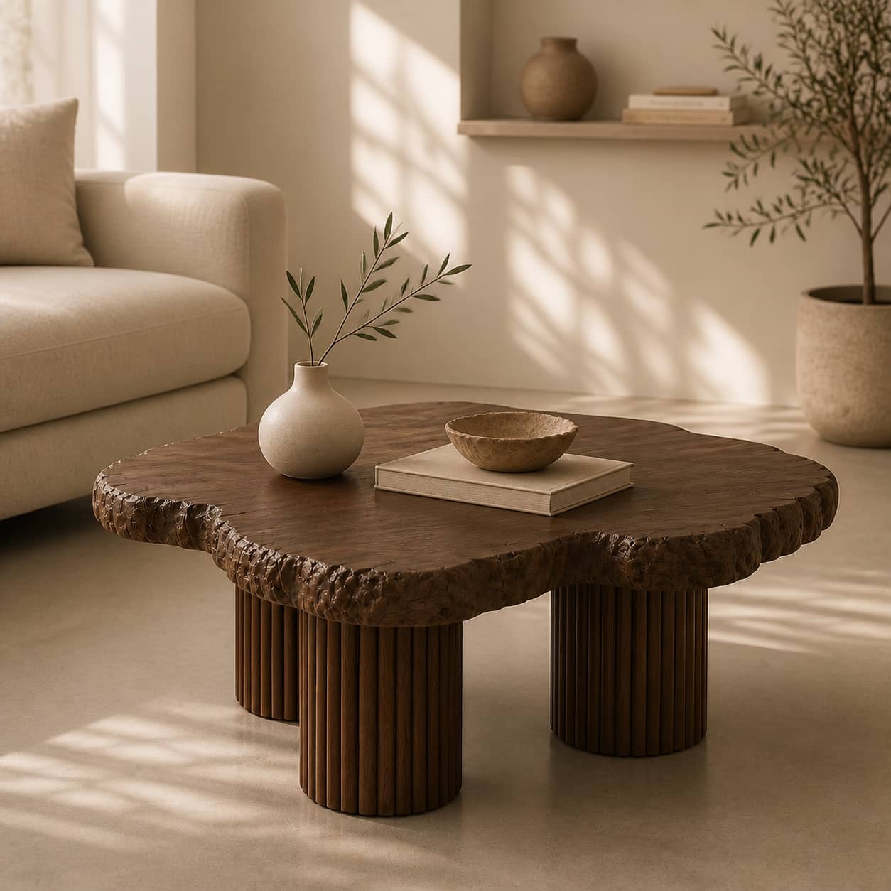 Aven Fluted Solid Wood Coffee Table For Living Room