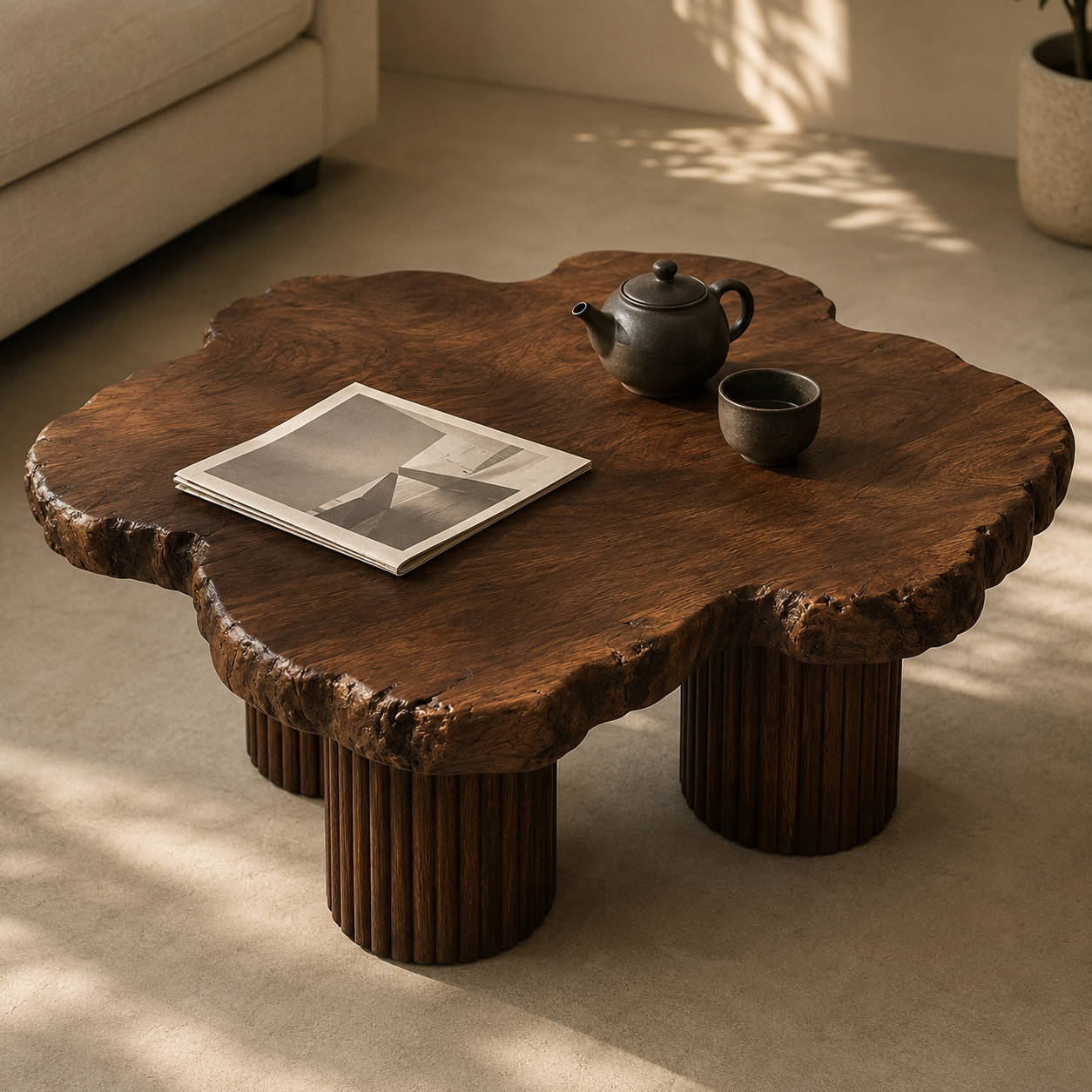 Aven Fluted Solid Wood Coffee Table For Living Room