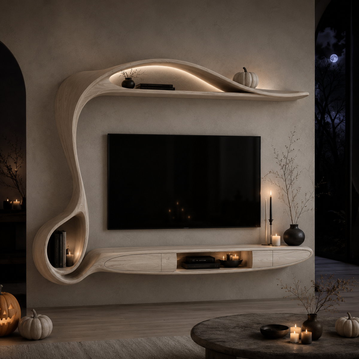 Lunaro Organic Curve Solid Wood TV Stand For Living Room