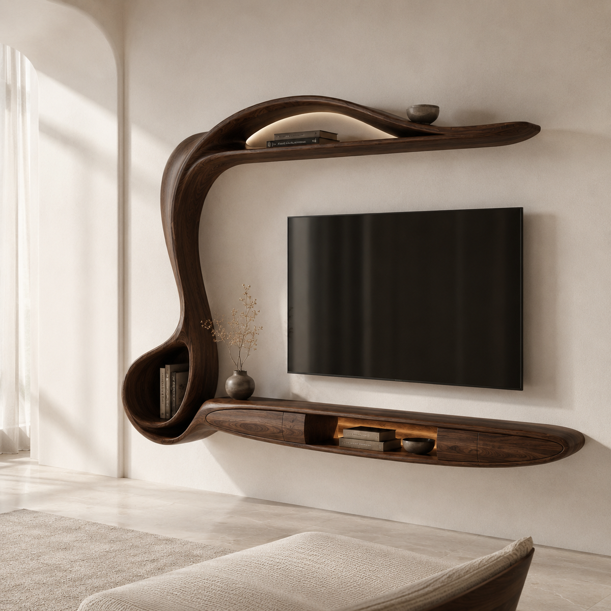 Lunaro Organic Curve Solid Wood TV Stand For Living Room