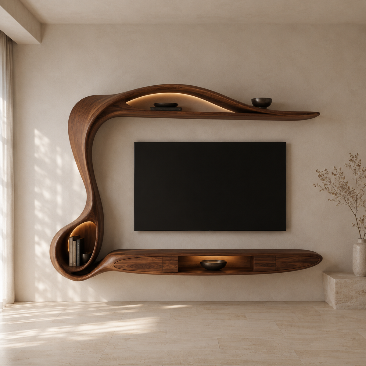 Lunaro Organic Curve Solid Wood TV Stand For Living Room