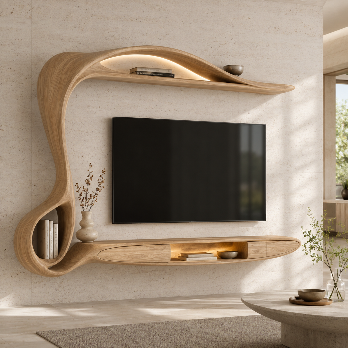 Lunaro Organic Curve Solid Wood TV Stand For Living Room