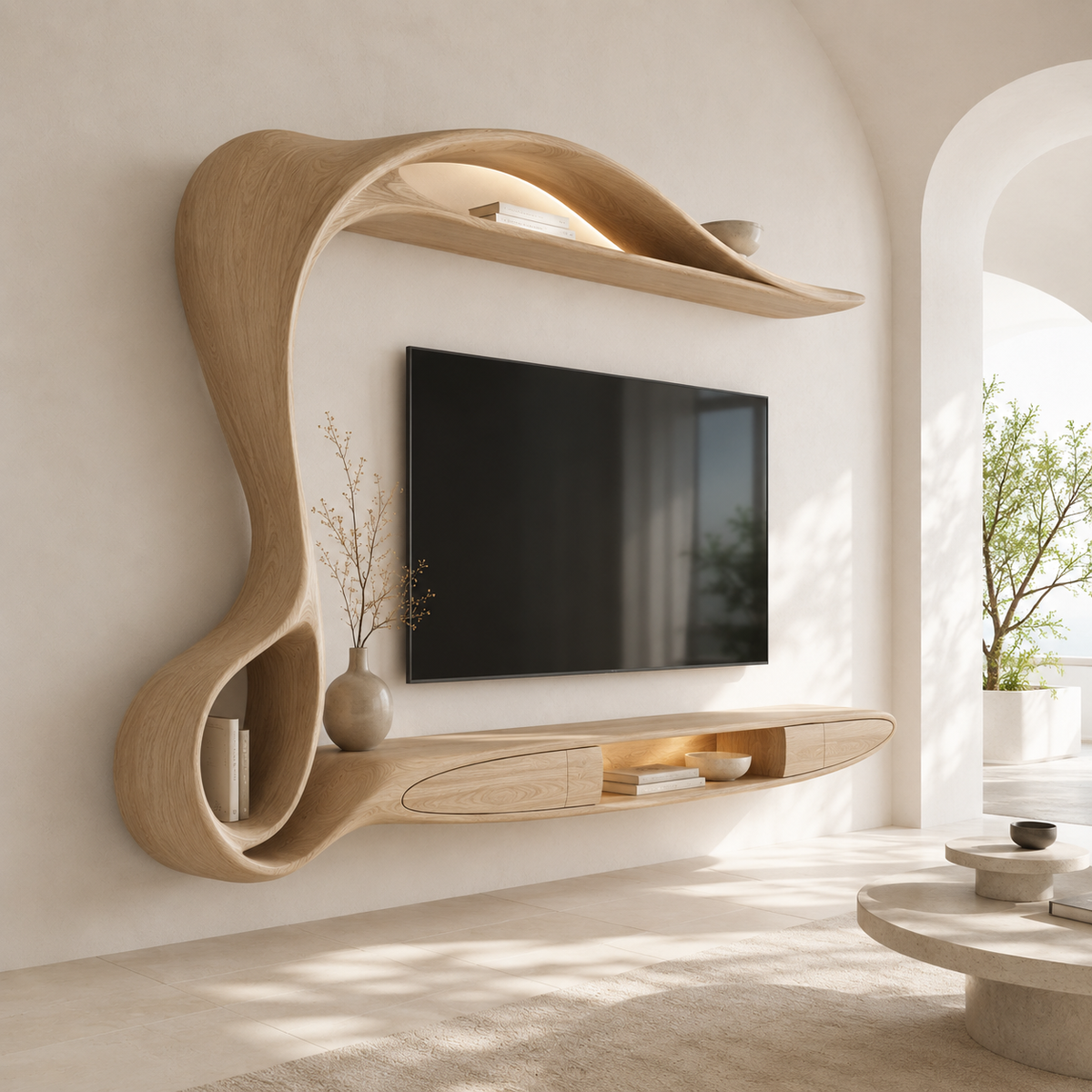 Lunaro Organic Curve Solid Wood TV Stand For Living Room