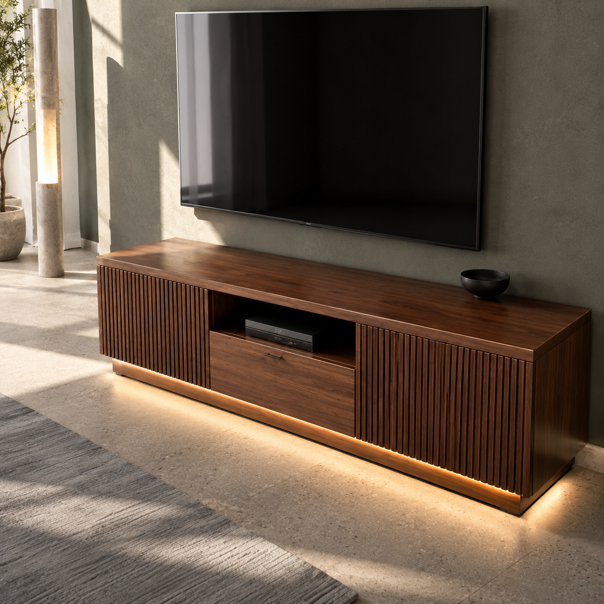 Grillon Slatted Solid Wood TV Stand For Living Room