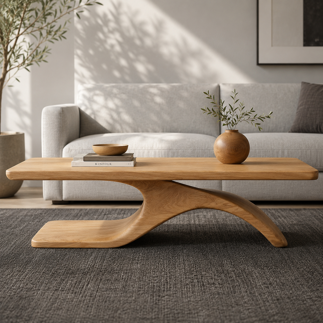 Sculptural Hollow Base Solid Wood Coffee Table For Living Room