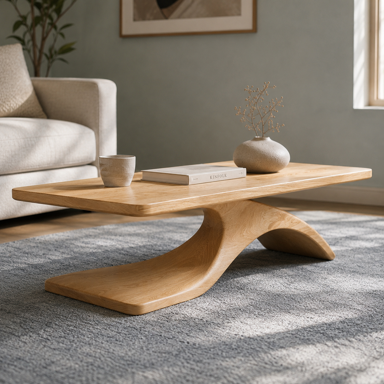 Sculptural Hollow Base Solid Wood Coffee Table For Living Room