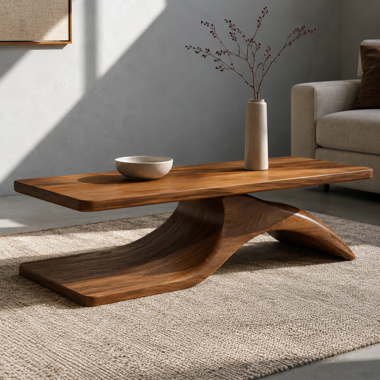 Sculptural Hollow Base Solid Wood Coffee Table For Living Room
