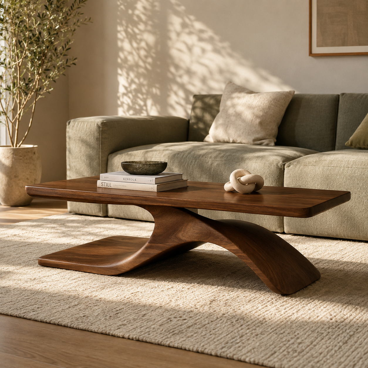 Sculptural Hollow Base Solid Wood Coffee Table For Living Room
