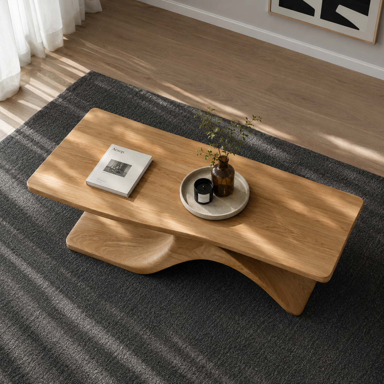 Sculptural Hollow Base Solid Wood Coffee Table For Living Room