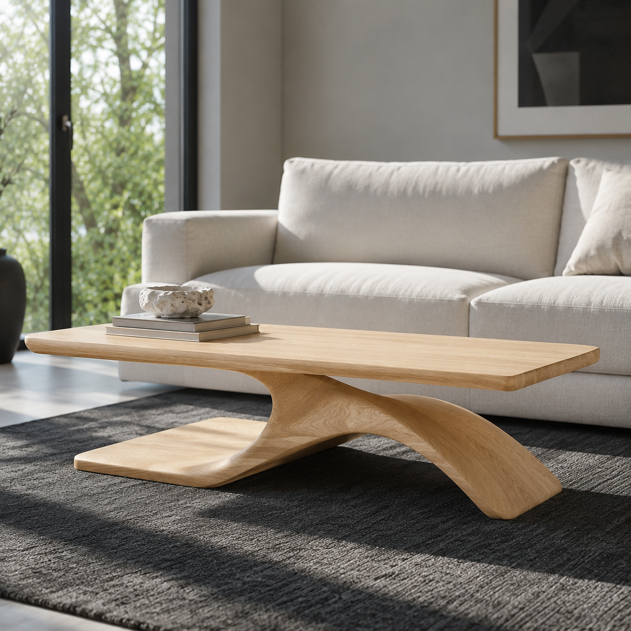 Sculptural Hollow Base Solid Wood Coffee Table For Living Room