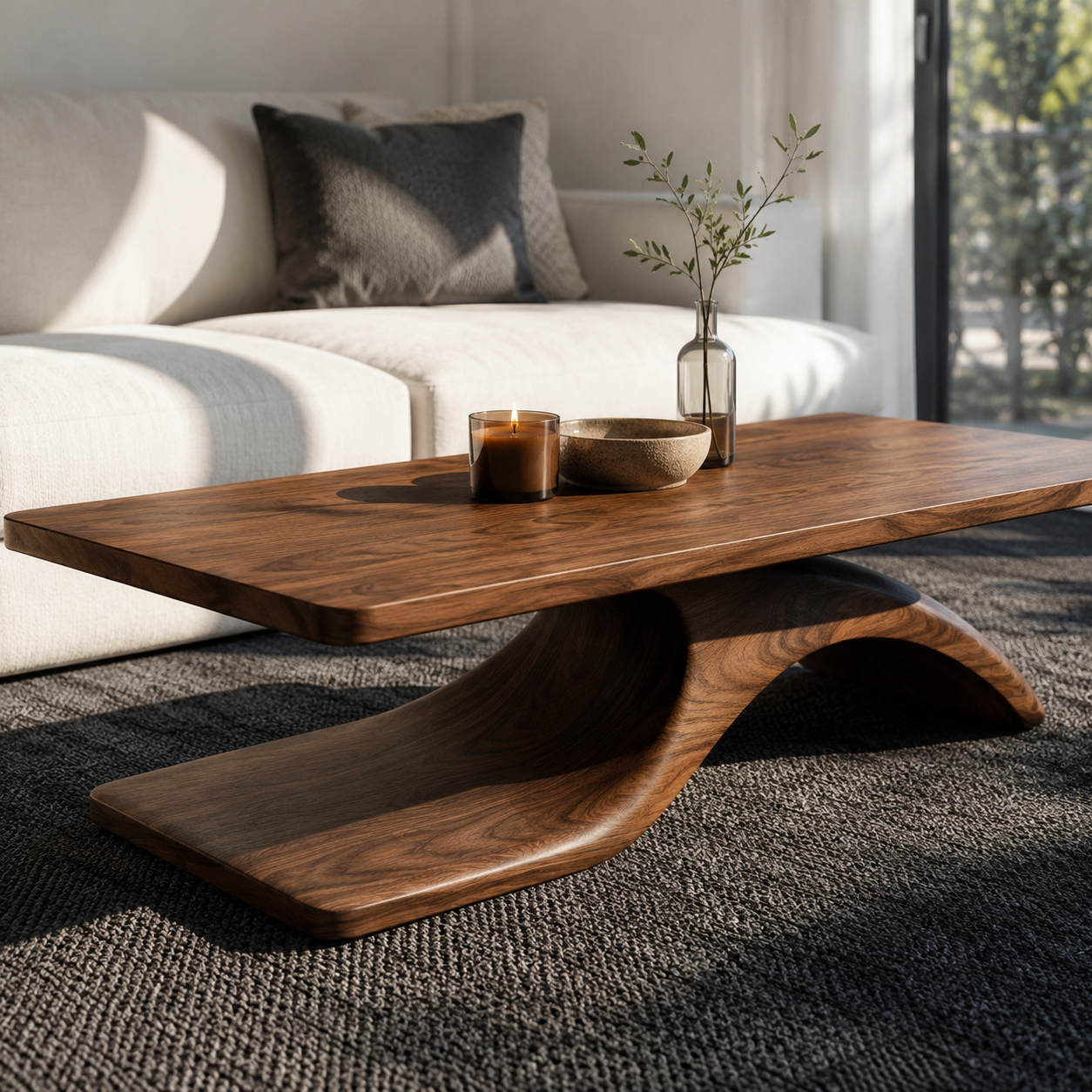 Sculptural Hollow Base Solid Wood Coffee Table For Living Room