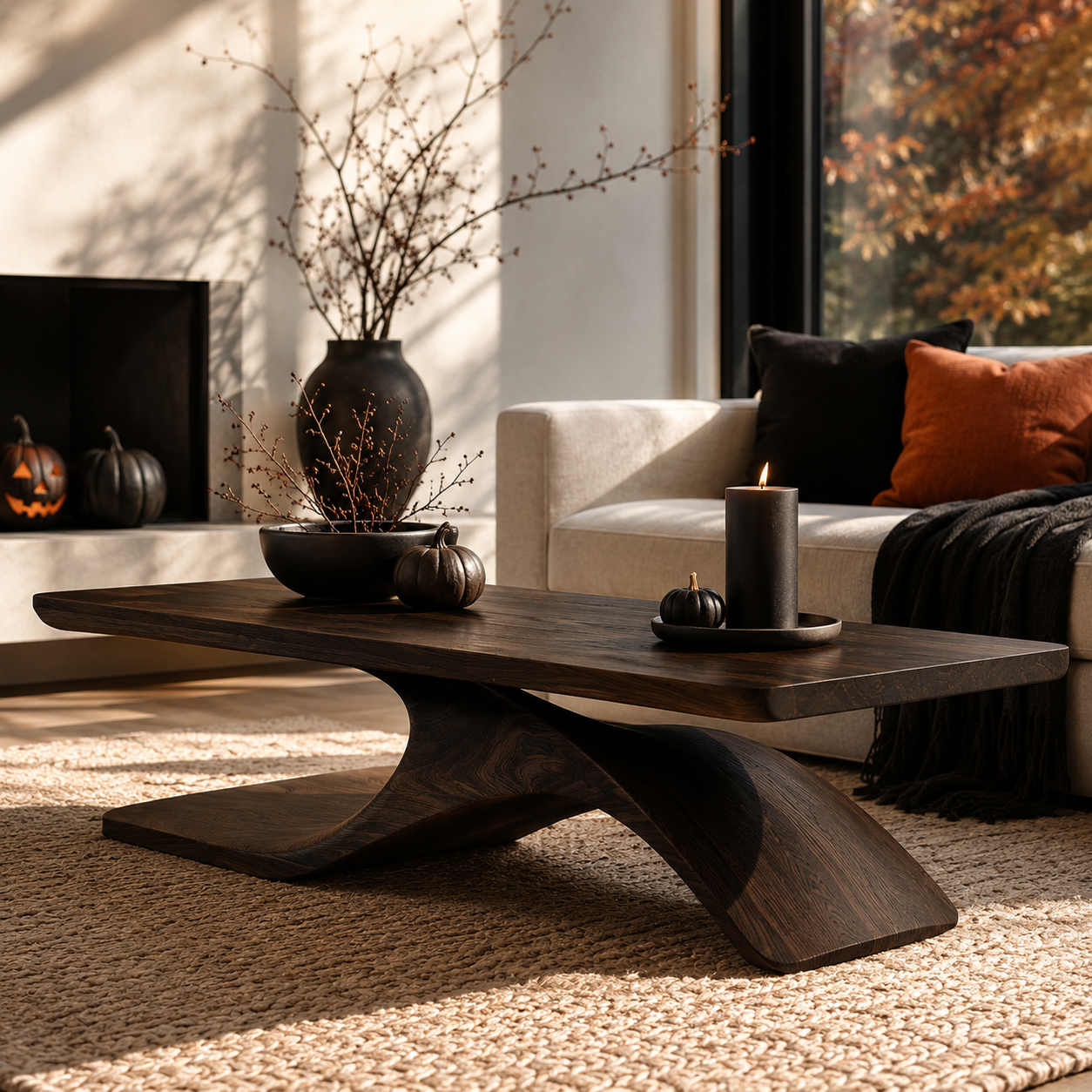 Sculptural Hollow Base Solid Wood Coffee Table For Living Room