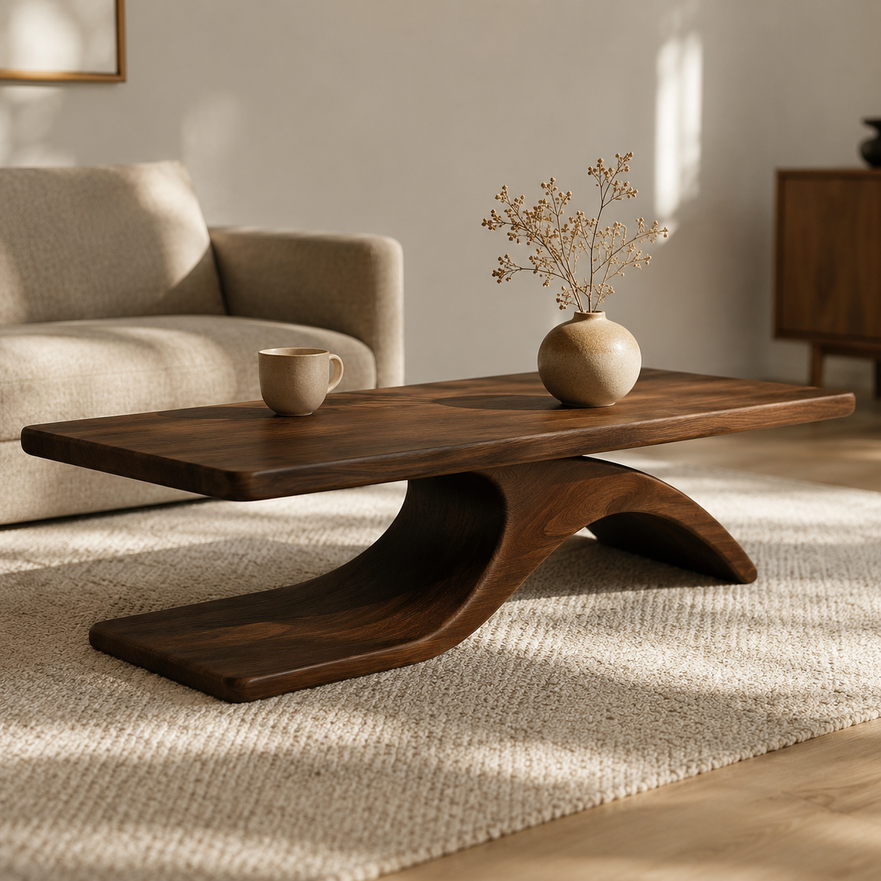 Sculptural Hollow Base Solid Wood Coffee Table For Living Room