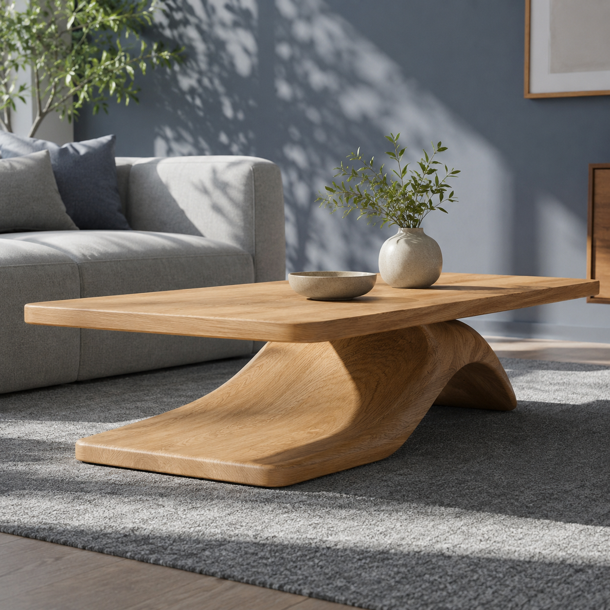 Sculptural Hollow Base Solid Wood Coffee Table For Living Room